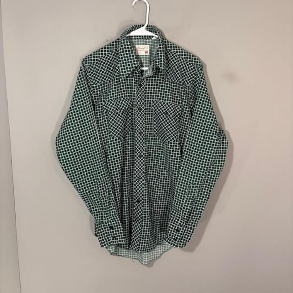 Wrangler Shirt Mens Large Green Check Long Sleeve Button Up Western Vintage
